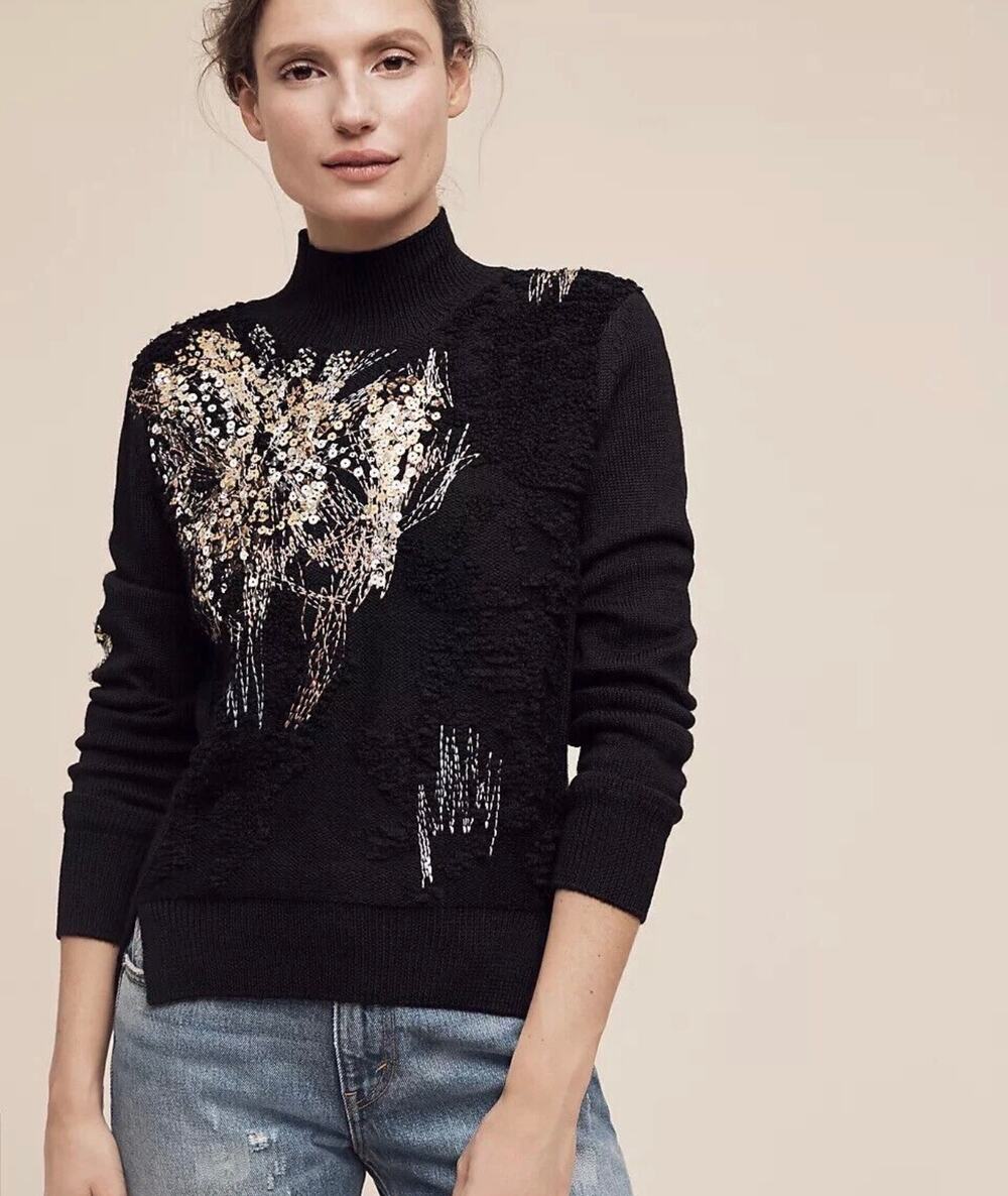 Anthropologie Knitted & Knotted Beaded Fête Turtleneck Sweater Lg